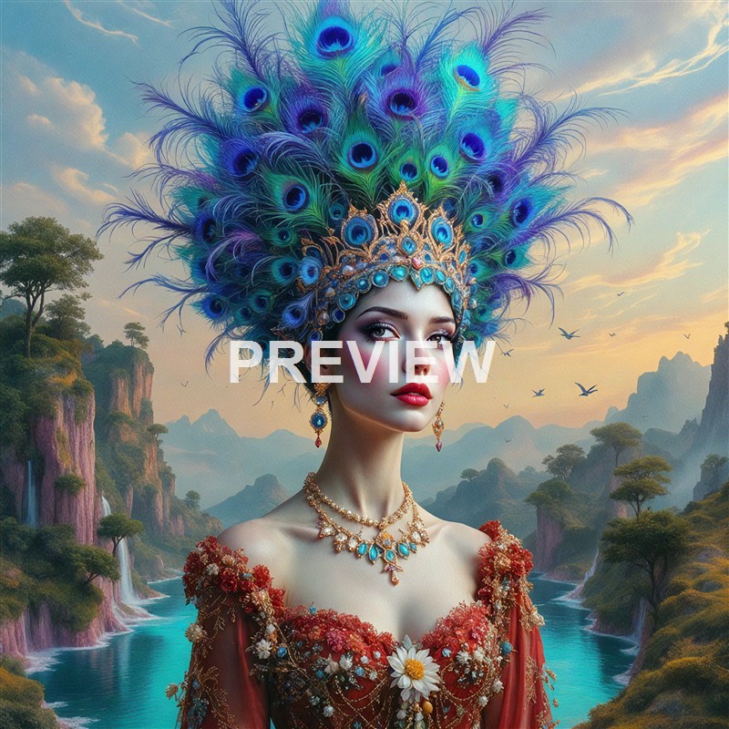 A woman wearing an ornate headdress decorated with peacock feathers, earrings, and a floral dress, standing against a scenic landscape of mountains, waterfalls, and a river at sunset.